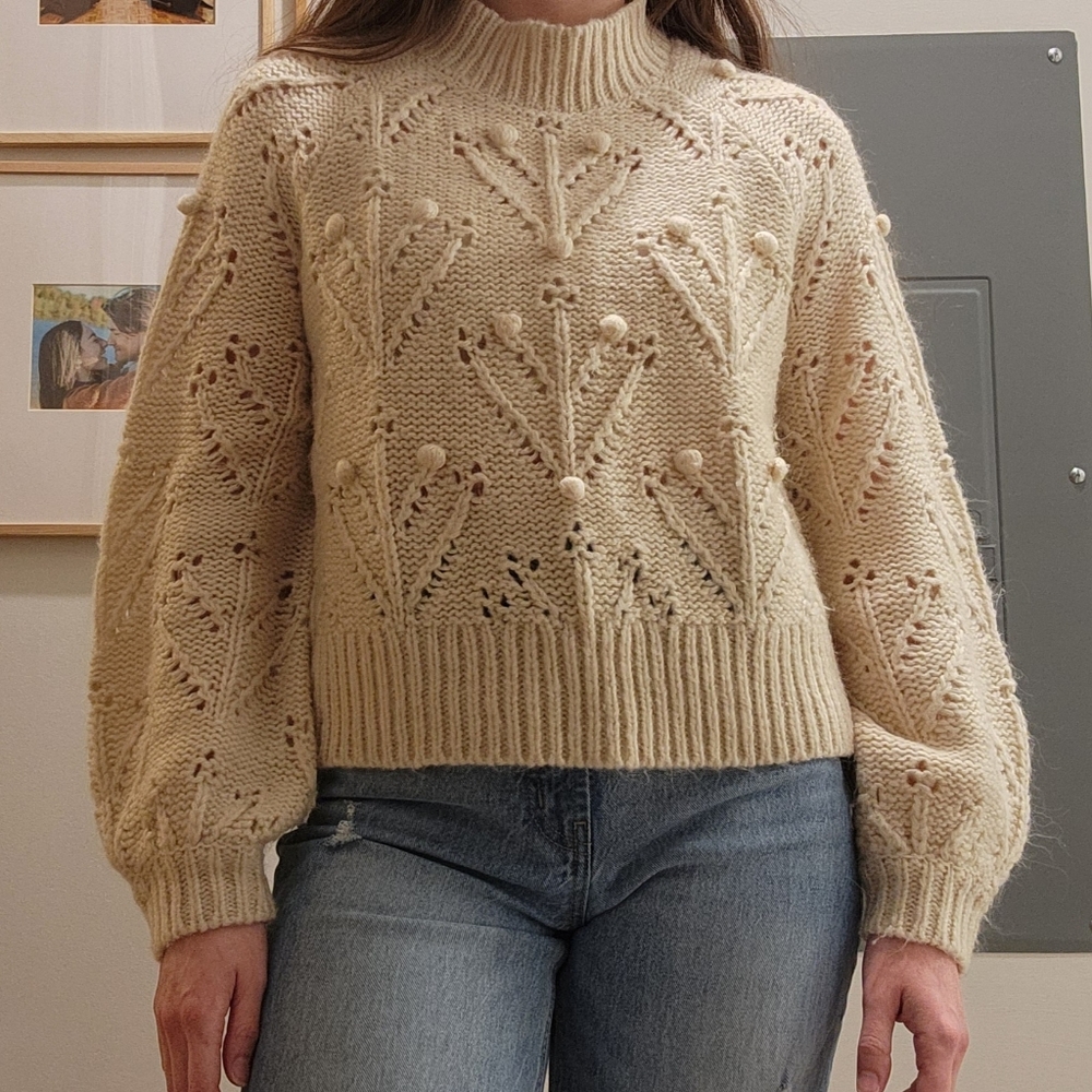 Beige Cottagecore Knit Mock Neck Sweater